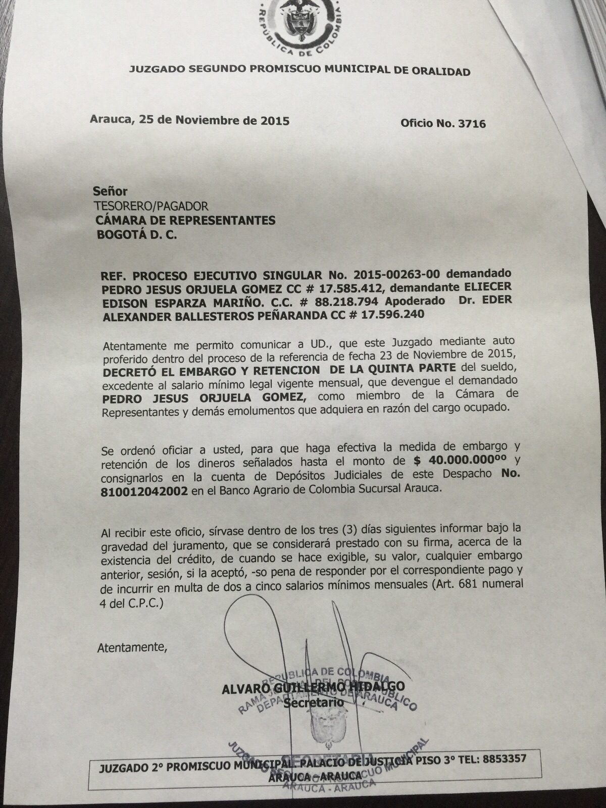  Por deuda le embargaron sueldo al Representante, Pedro Orjuela. Debe más de 20 millones de pesos.