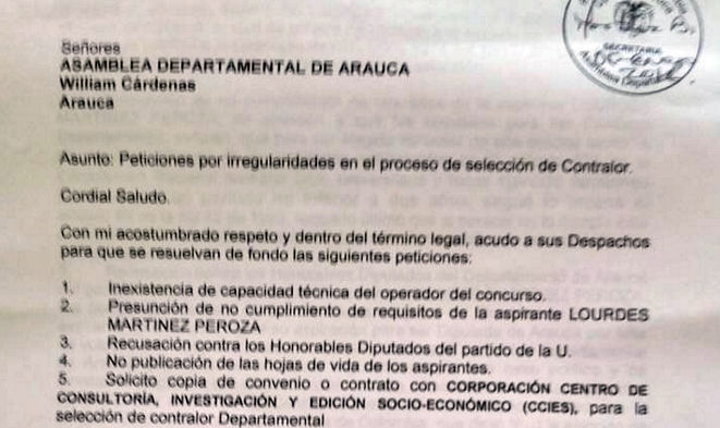  Presentan oficio de inconformismo en elección de contralor departamental de Arauca
