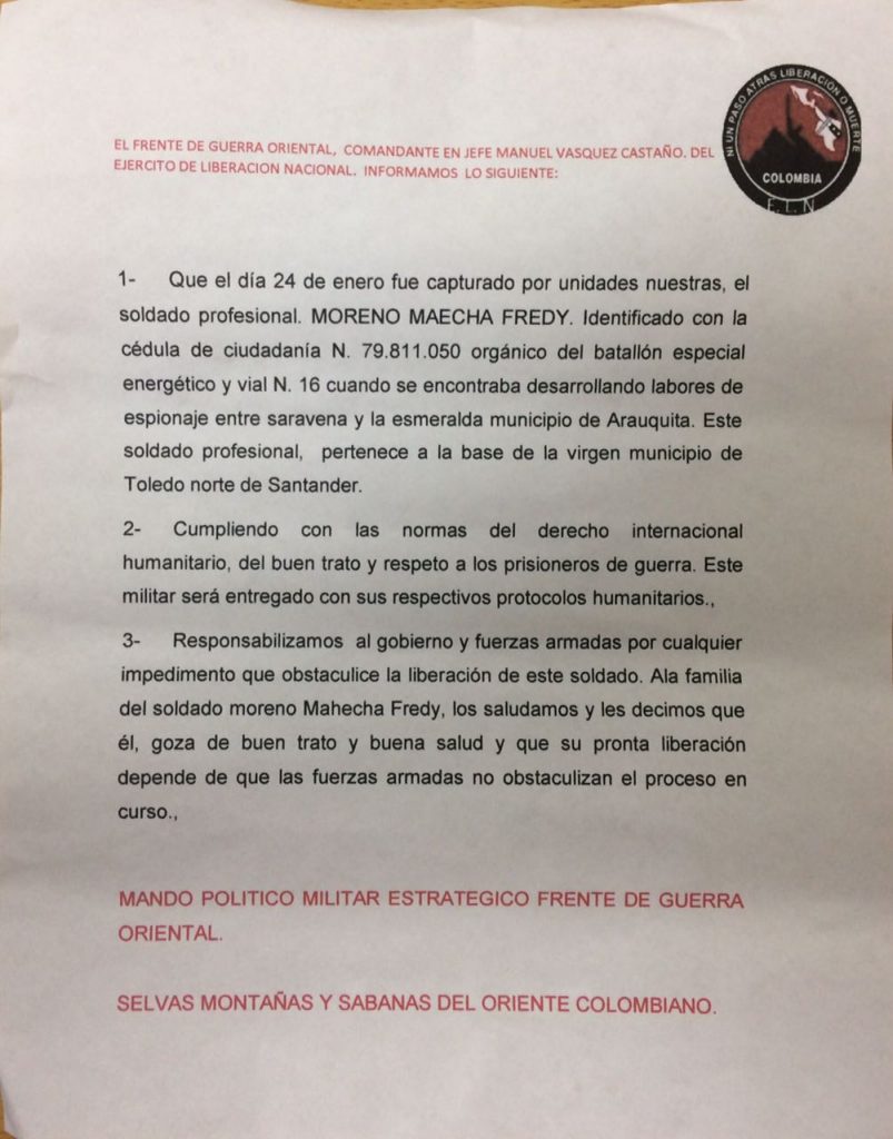 ELN confirma que tiene en su poder soldado desaparecido
