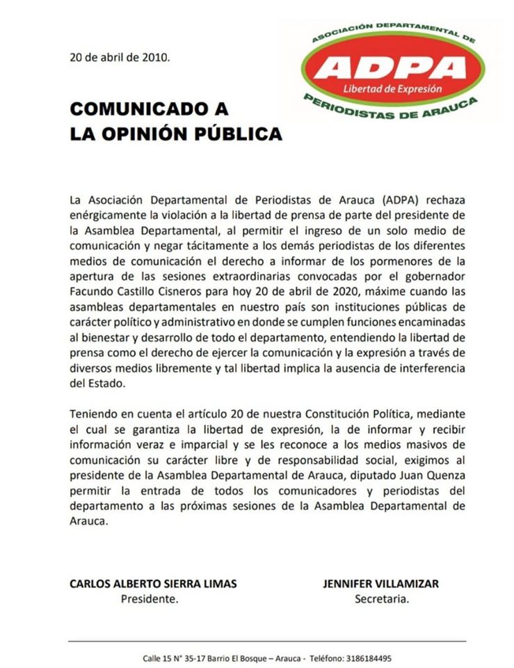  Asociación Departamental de Periodistas de Arauca pidió al presidente de la asamblea Juan Qüenza respetar el derecho a la libertad de prensa.