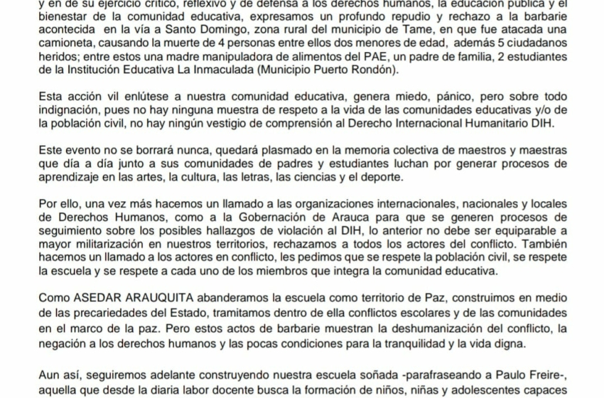  Comunidad educativa rechaza las acciones criminales y marcharan hoy en Rondón