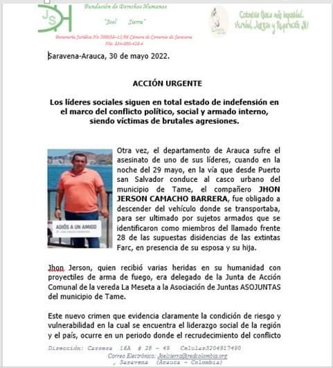  Fundación de DDHH denuncia asesinato de líder comunal en Tame