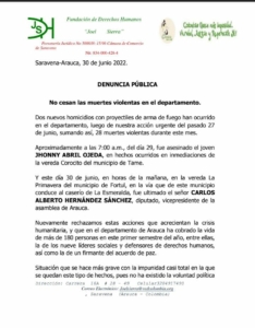 Fundación Joel Sierra de Saravena rechaza asesinato del diputado