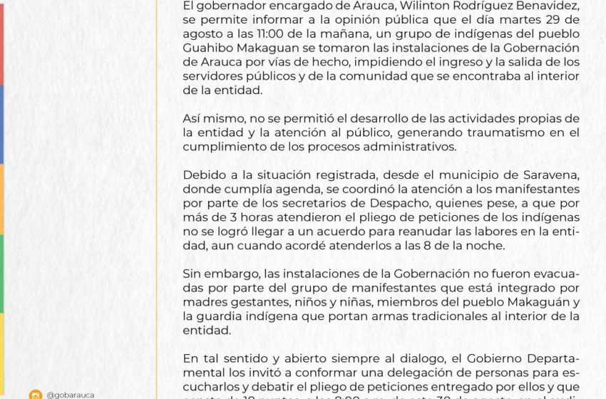  Comunicado de prensa de la Gobernación de Arauca